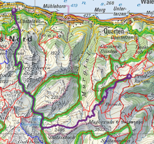 Flumserberg - Murgseehütte - Filzbach, Wanderlandkarte Flumserberg - Murgseehütte - Filzbach, Wanderlandkarte