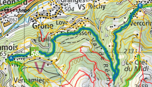 Chemin des Bisses Nax - La L - Vercorin, Karte SchweizMobilPlus