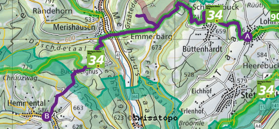 Wanderlandkarte, gezeichnet mit SchweizMobilPlus